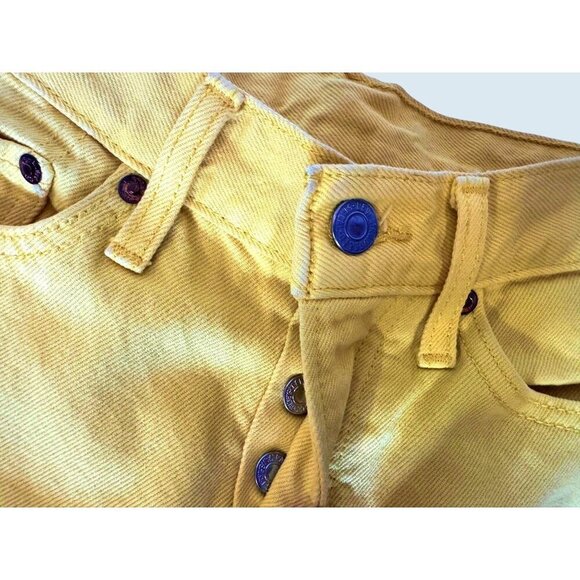 LEVI'S Yellow Button Fly High Waisted Straight Leg Raw Hem Jeans Sz 24 - Picture 4 of 7